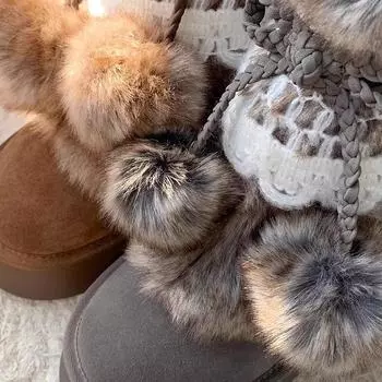 Женские пушистые зимние ботинки Gu Yunshu на толстой подошве 2024 года, зимние утолщенные теплые ботинки средней толщины, милые пушистые ботинки из хлопка 35