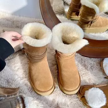 Женские пушистые зимние ботинки на толстой подошве 2024 года, новая мода, универсальная пряжка на ремне, повседневная обувь из бархата и хлопка 35 малиновый