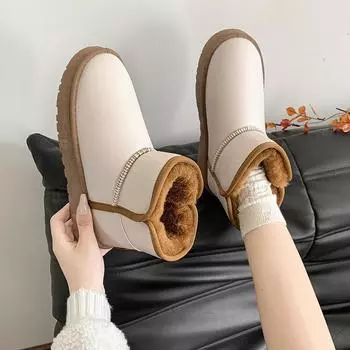 Женские пушистые зимние сапоги, нескользящие ботильоны с меховой флисовой подкладкой, зимние теплые ботинки на платформе из искусственной кожи, удобные ботинки для ходьбы, женская обувь 36 чёрный