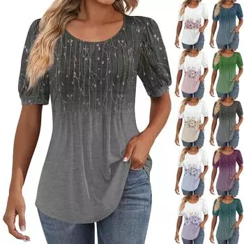 Женские пышные туники с короткими рукавами, топы, плиссированные блузки с воротником, повседневные свободные весенне-летние футболки L синий