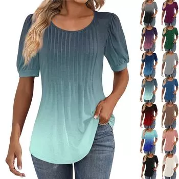 Женские пышные туники с короткими рукавами, топы, плиссированные блузки с воротником, повседневные свободные весенне-летние футболки L бежевый
