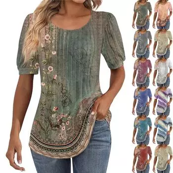 Женские пышные туники с короткими рукавами, топы, плиссированные блузки с воротником, повседневные свободные весенне-летние футболки L синий