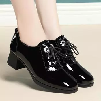 Женские яркие кожаные туфли на толстом каблуке с круглым носком. Модные и красивые туфли на высоком каблуке из высококачественной кожи для женщин. 35