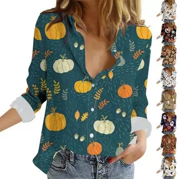 Женские рабочие блузки Повседневные блузки с V-образным вырезом Топы с длинным рукавом Рубашка на пуговицах Легкие повседневные рабочие блузки с принтом на Хэллоуин L чёрный