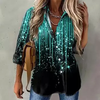 Женские рабочие блузки Повседневные блузки с V-образным вырезом Топы Рубашки с длинным рукавом на пуговицах Легкие повседневные рабочие блузки с принтом L бирюзовый