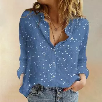 Женские рабочие блузки Повседневные блузки с V-образным вырезом Топы Рубашки с длинным рукавом на пуговицах Легкие повседневные рабочие блузки с цветочным принтом XXXXL синий