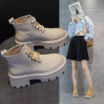 Женские рабочие ботинки в британском стиле на толстой подошве со шнуровкой, повседневные кожаные туфли со стелькой, увеличивающей рост 34