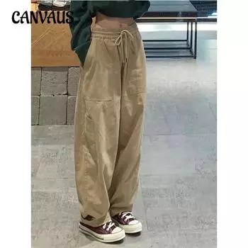 Женские рабочие брюки больших размеров на весну и осень, свободные прямые повседневные широкие брюки с высокой талией S хаки