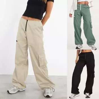 Женские рабочие брюки с множеством карманов, широкие брюки, прямые брюки, свободные повседневные брюки с высокой талией L чёрный