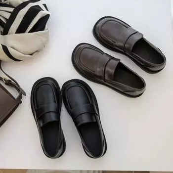 Женские рабочие кожаные туфли с одной педалью, осень 2024 г., новые, на плоской подошве, с мягкой подошвой, в британском стиле, простые, с мягкими боками 35 чёрный