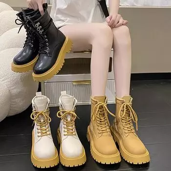 Женские рабочие мотоциклетные ботинки на толстой подошве с высоким голенищем, модные повседневные туфли в европейском стиле с большим носком, ботинки среднего размера 35-40 35 чёрный