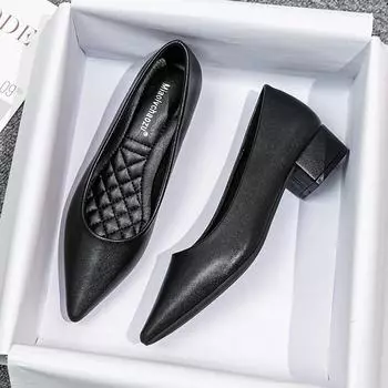 Женские рабочие туфли из мягкой черной кожи — удобный острый носок, толстый каблук, идеально подходят для собеседований и длительного ношения. 39