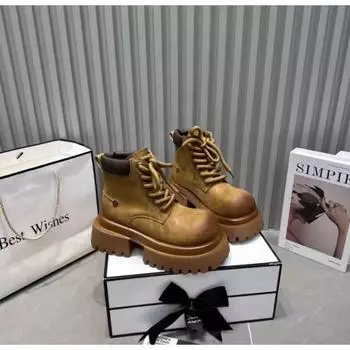 Женские рабочие туфли в стиле ретро, осенне-зимние, толстые, нескользящие, теплые, повседневные ботинки, кожаные, с большим носком, 2024, сапоги до колена 35 жёлтый