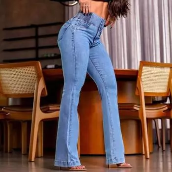 Женские расклешенные эластичные джинсы с высокой талией, брюки-клеш, женские широкие брюки из денима с утягивающим эффектом M темно-синий