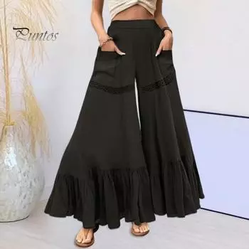 Женские расклешенные брюки, эластичные брюки с высокой талией, широкие манжеты с рюшами, длинные брюки, однотонные карманы, свободные повседневные брюки с кружевными вставками M абрикосовый