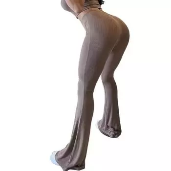 Женские расклешенные брюки эластичные с высокой посадкой однотонные длинные брюки в рубчик для йоги, бега, велоспорта M