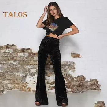 Женские расклешенные брюки, эластичные, с высокой талией, однотонные, широкие брюки, приподнятые до бедер, бархатные, рабочие брюки для отдыха, повседневная одежда M чёрный