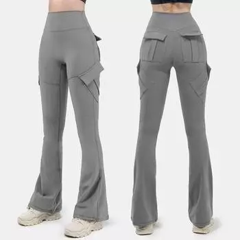 Женские расклешенные брюки, эластичные, с высокой талией, широкие повседневные брюки с карманами-клапанами, однотонные брюки-карго для повседневной носки S чёрный