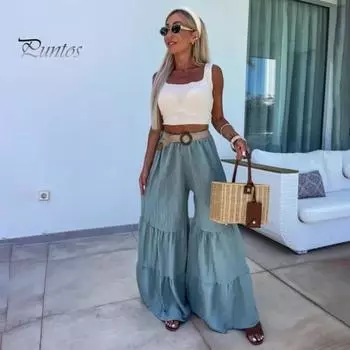 Женские расклешенные брюки, эластичные широкие брюки с высокой талией и оборками, однотонные свободные длинные брюки, уличная одежда S розы красного