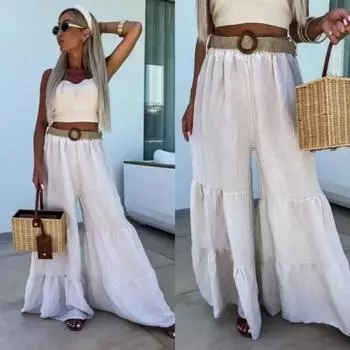 Женские расклешенные брюки, эластичные широкие брюки с высокой талией и оборками, однотонные свободные длинные брюки S розы красного