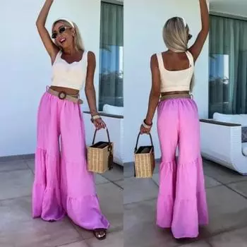 Женские расклешенные брюки, эластичные широкие брюки с высокой талией и оборками, однотонные свободные длинные брюки, уличная одежда S розы красного
