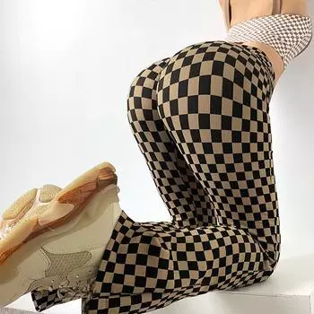 Женские расклешенные брюки для йоги Y2K в клетку в клетку с высокой талией, тонкие леггинсы, спортивная одежда S коричневый