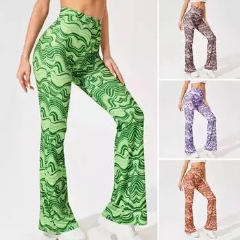 Женские расклешенные брюки контрастного цвета с принтом «волна воды» и высокой талией, весенние брюки для йоги, облегающие брюки с эластичной резинкой на талии и расклешенным низом S света кофе