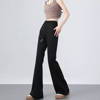 Женские расклешенные брюки с эластичной высокой талией, регулируемые на шнурке, спортивные свободные брюки с карманами, повседневные однотонные повседневные брюки S серый/белый