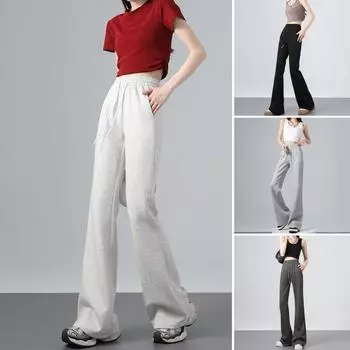 Женские расклешенные брюки с эластичной высокой талией, регулируемые на шнурке, спортивные свободные брюки с карманами, повседневные однотонные повседневные брюки S