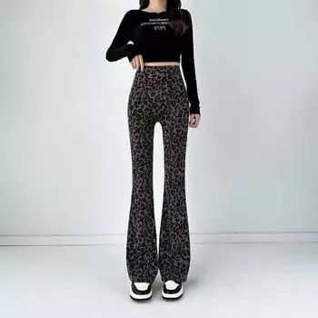 Женские расклешенные брюки с леопардовым принтом, эластичные леггинсы с высокой талией и принтом акулы, повседневные, весна-лето, корейские, тонкие, прямые M кофейный