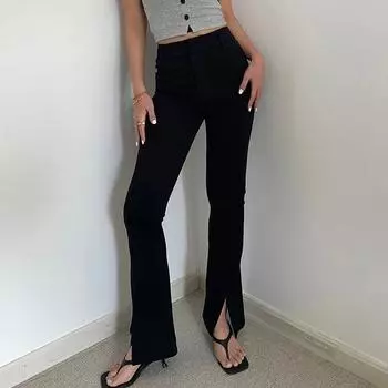 Женские расклешенные брюки с разрезом спереди и застежкой-молнией сзади, легкие брюки-клеш, брюки y2k с высокой талией, лето 2023, женские S бежевый