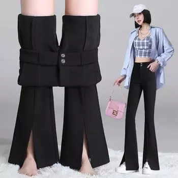 Женские расклешенные брюки с высокой талией и разрезами, утягивающие, новые черные брюки с подкладкой из флиса для миниатюрных размеров S чёрный