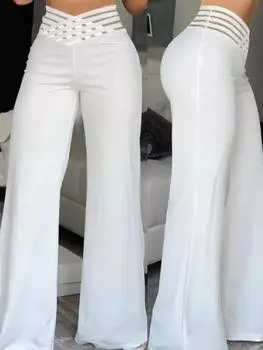 «Женские расклешенные брюки с высокой талией и ажурным поясом в европейском и американском стиле 2023 года — шикарный и повседневный дизайн с широкими штанинами» S темно-синий