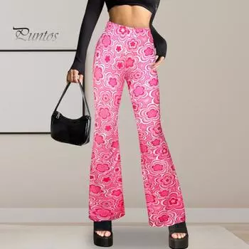 Женские расклешенные брюки с высокой талией, облегающие длинные брюки с цветочным принтом, яркие повседневные брюки для повседневной носки S горячий розовый
