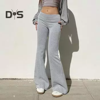 Женские расклешенные брюки с высокой талией, однотонные повседневные брюки, базовый стиль, облегающие длинные брюки, повседневная одежда M серый