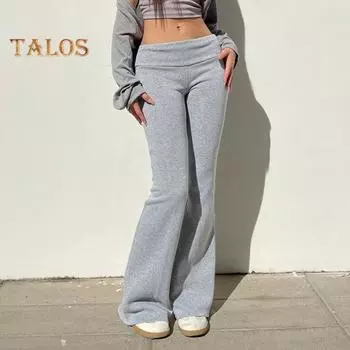 Женские расклешенные брюки с высокой талией, однотонные повседневные брюки, базовый стиль, облегающие длинные брюки, повседневная одежда S чёрный