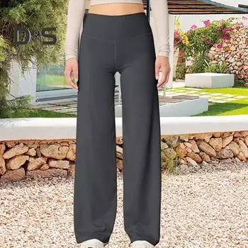 Женские расклешенные брюки с высокой талией, однотонные прямые брюки, однотонные прямые брюки с утягивающим эффектом для йоги M чёрный