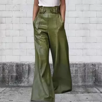 Женские расклешенные брюки с завышенной талией, свободные карманы, искусственная кожа, эластичный пояс S армия зеленый