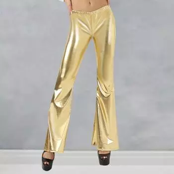 Женские расклешенные брюки со средней посадкой и эластичной резинкой на талии, длинные брюки, яркие цвета, облегающие брюки из искусственной кожи, ночь M золотистый