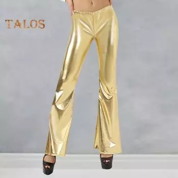Женские расклешенные брюки со средней посадкой и эластичной резинкой на талии, длинные брюки, яркие цвета, облегающие брюки, брюки из искусственной кожи для ночного клуба, уличная одежда M золотистый