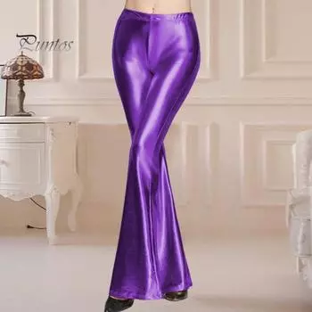 Женские расклешенные брюки со средней посадкой и эластичной резинкой на талии, длинные брюки, яркие цвета, облегающие брюки, брюки из искусственной кожи для ночного клуба, уличная одежда M золотистый