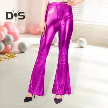 Женские расклешенные брюки средней посадки с глянцевой поверхностью, однотонные длинные брюки, расклешенные брюки для выступлений, вечеринок, брюки из искусственной кожи XL серебряный