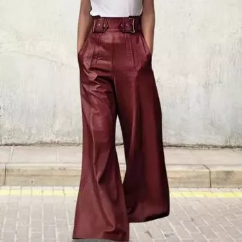 Женские расклешенные брюки, узкие, с высокой талией, свободными карманами, из искусственной кожи, с эластичной талией, с широкими штанинами, однотонные брюки для работы, отдыха, повседневной носки S армия зеленый