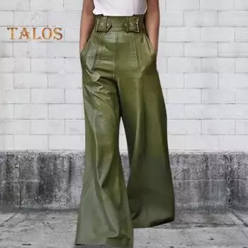 Женские расклешенные брюки, узкие, с высокой талией, свободными карманами, из искусственной кожи, с эластичной талией, с широкими штанинами, однотонные брюки для работы, отдыха, повседневной носки S армия зеленый