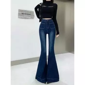 Женские расклешенные дениновые джинсы, эластичные классические синие джинсы с высокой талией, расклешенные брюки, длинные брюки и расклешенная корейская одежда y2k S синий