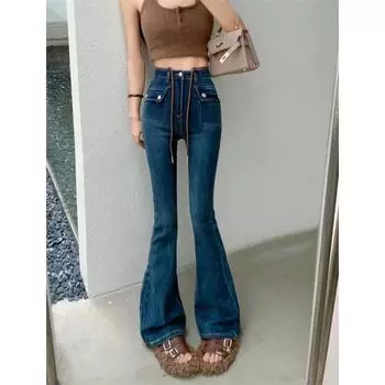 Женские расклешенные дениновые джинсы с завязками, эластичные длинные джинсы с завышенной талией, расклешенные синие брюки с карманом внизу, элегантные, Y2k