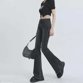 Женские расклешенные джинсы черного и серого цвета с высокой талией — мода на весну/осень, облегающий крой, необработанный край, фасон «подкова» 2XL чёрный/серый