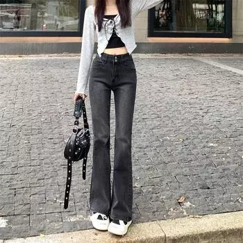 Женские расклешенные джинсы черного и серого цвета с высокой талией 2023 года с бесплатной доставкой – эластичный облегающий крой для осени и лета XL древесный уголь/серый
