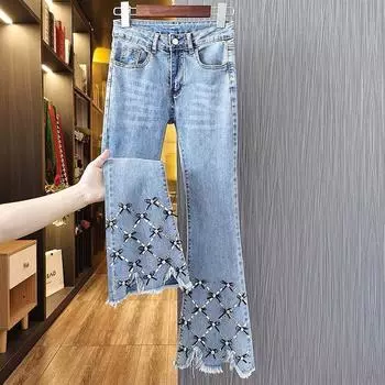 Женские расклешенные джинсы, джинсовые брюки с бусинами, трехмерный бант, легкий вырез, расклешенная нижняя часть, высокая талия, милая корейская мода, элегантный тонкий S