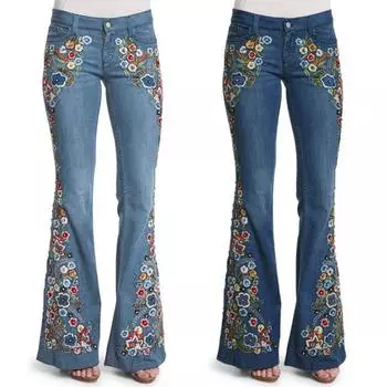 Женские расклешенные джинсы с вышивкой и пуговицами на талии, джинсовые брюки-клеш M синий